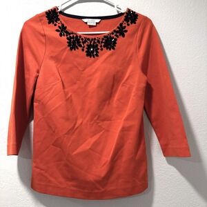 Boden Size US-2 Embellished Jewel Neck 3/4 Sleeve Top Orange Cotton Blend